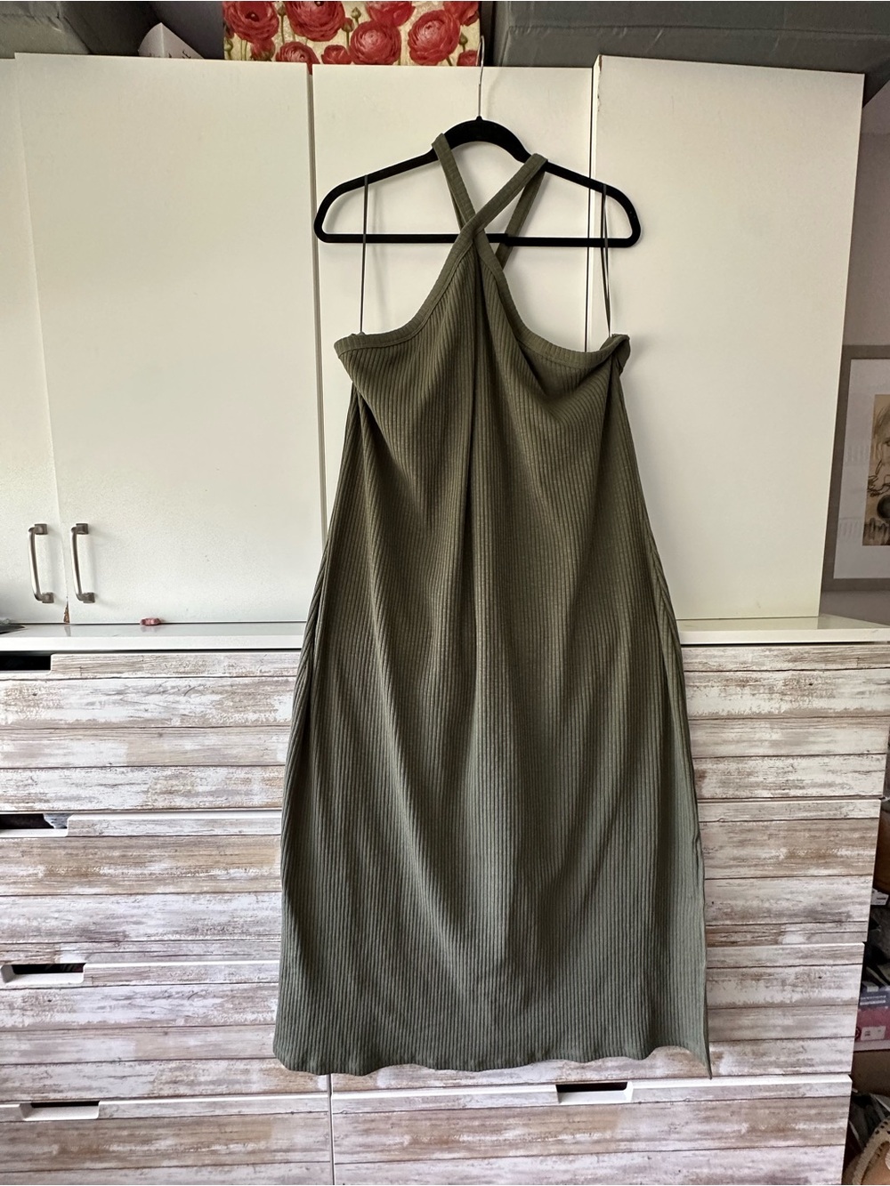 💚 Old Navy 3X Olive Ribbed Cold Shoulder Maxi Dress Side Slit Plus Size